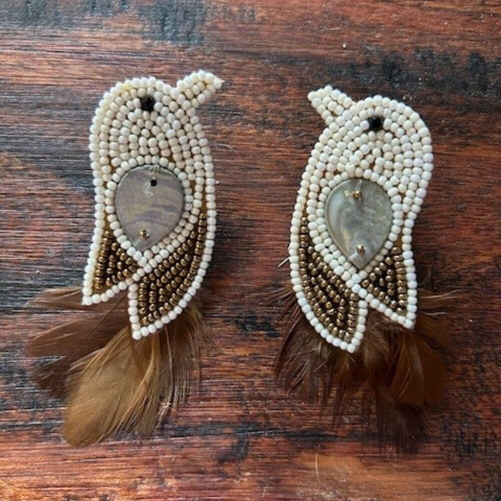 Beaded Post Earrings Bird with Feathers 28245